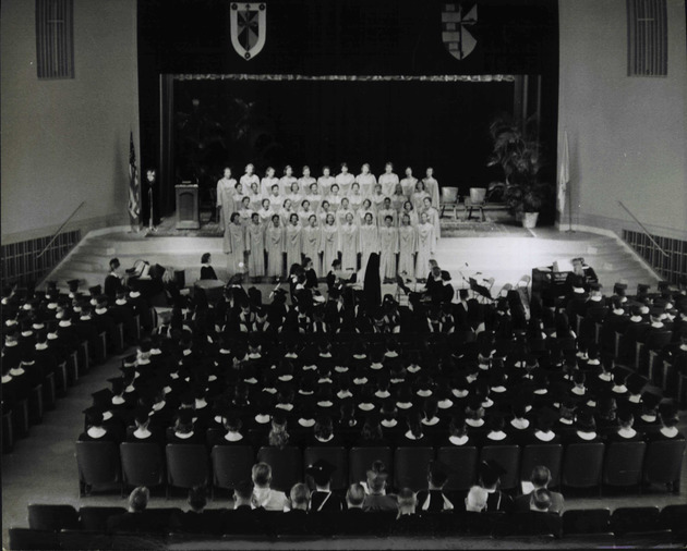 Students performing on stage for Founders' Day, 1958